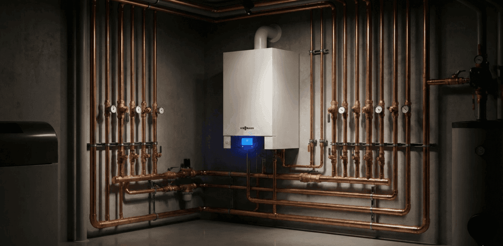 High-efficiency wall-mounted boiler in a hydronic mechanical room