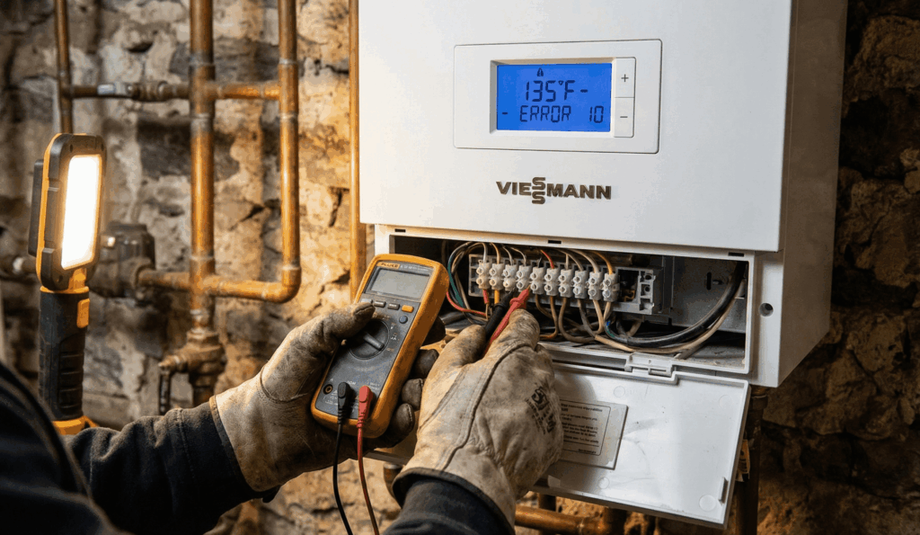 Technician repairing a hydronic boiler system in a Wallace Emerson home.