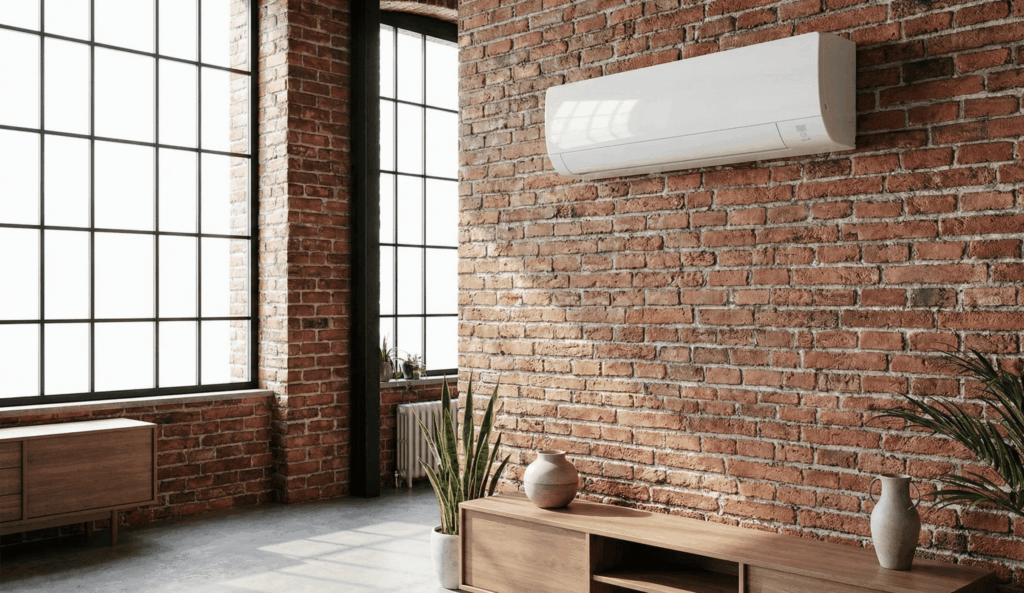 Ductless mini-split air conditioner installed on an exposed brick wall in a Junction Triangle home.