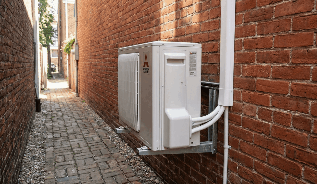 Compact slim-profile outdoor heat pump condenser installed in a narrow laneway