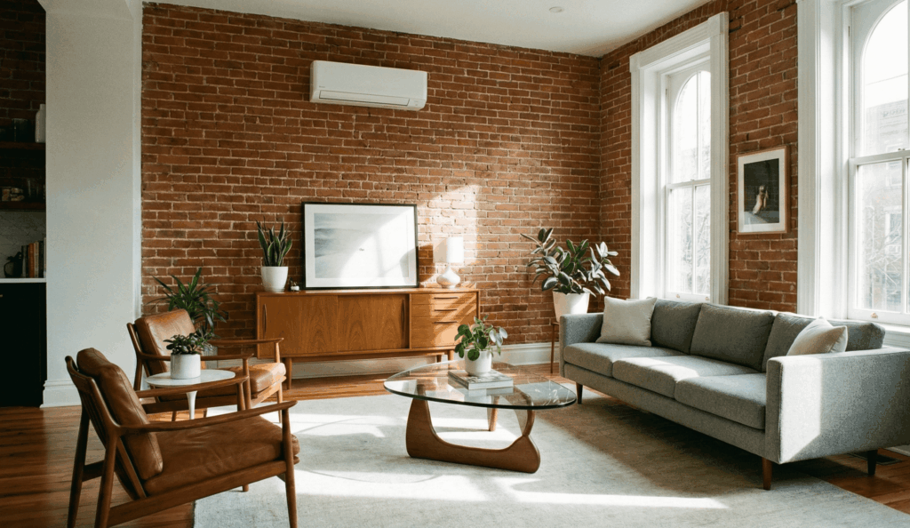 Sleek wall-mounted ductless air conditioner in a modern living room with exposed brick.