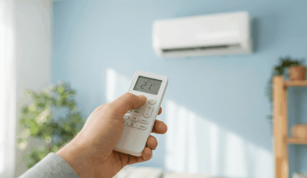 Homeowner adjusting temperature on a ductless mini-split remote control.