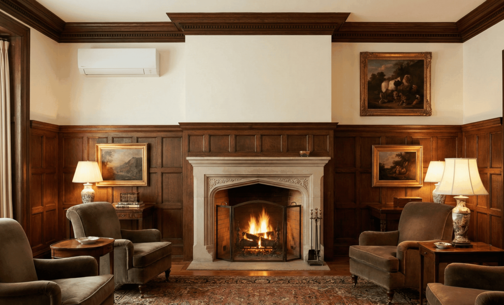 Discreet ductless air conditioner installed in a heritage home living room.