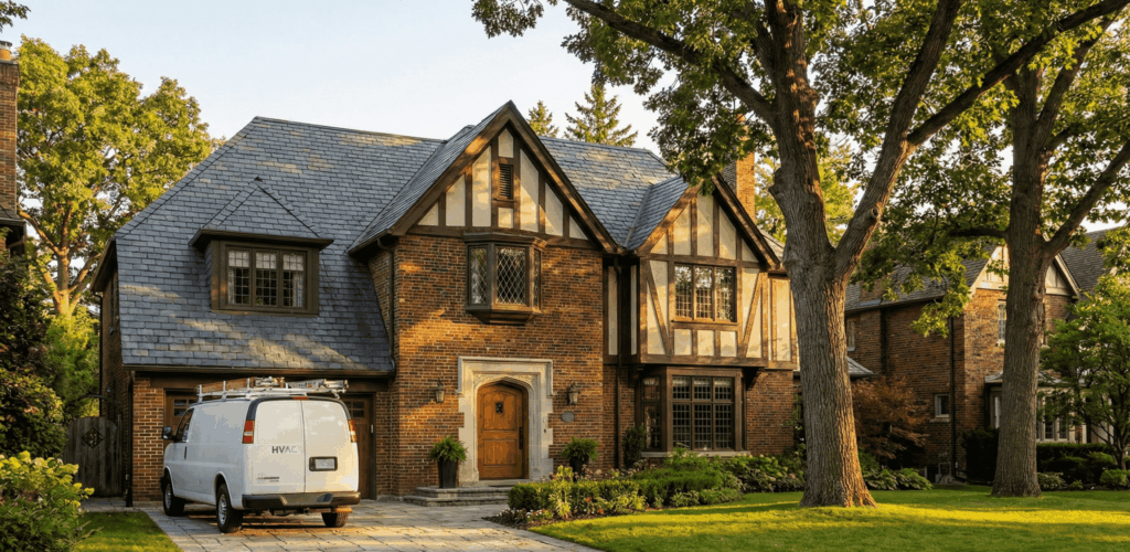 HVAC service van parked in front of a historic English Tudor home in The Kingsway, Etobicoke.