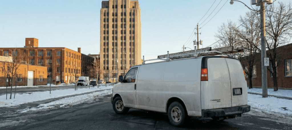 HVAC service van parked on Sterling Road near the MOCA building in the Junction Triangle.