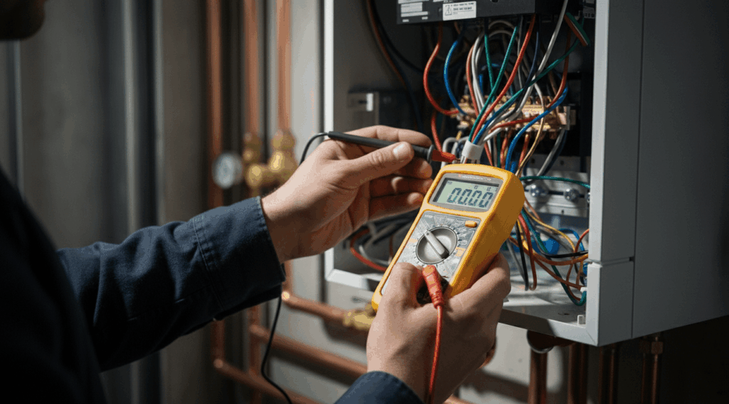HVAC technician using a multimeter to diagnose a wall-mounted boiler.