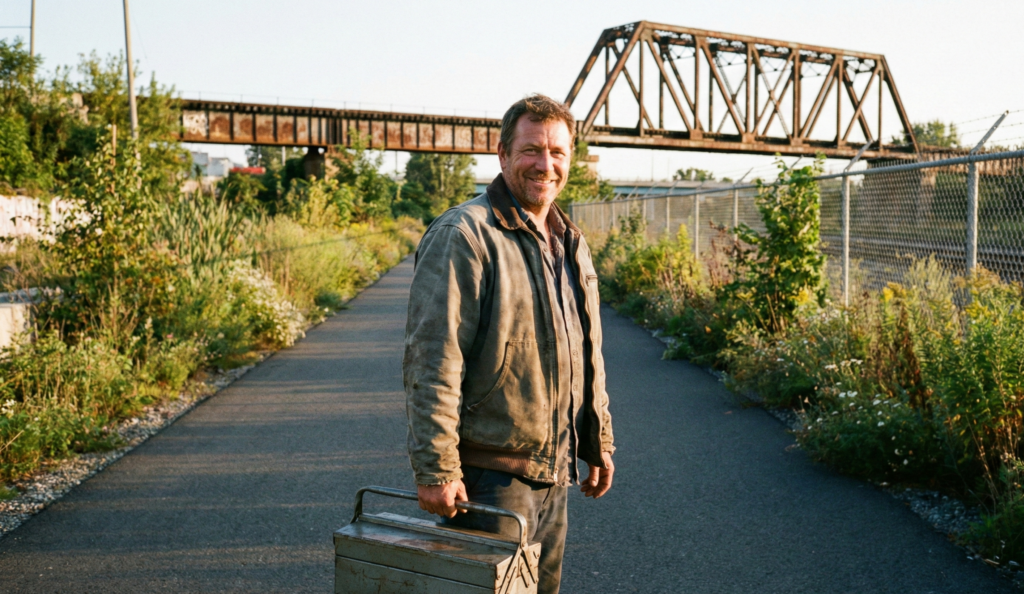 Local HVAC contractor taking a break near the West Toronto Railpath.